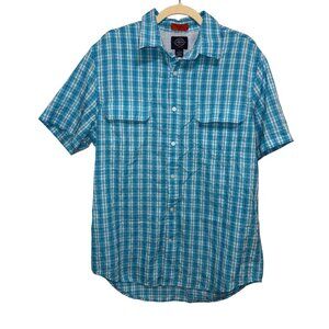 St. Johns Bay Quick-Dri Mens Turquoise & White Plaid Short Sleeve Button-Up Shir